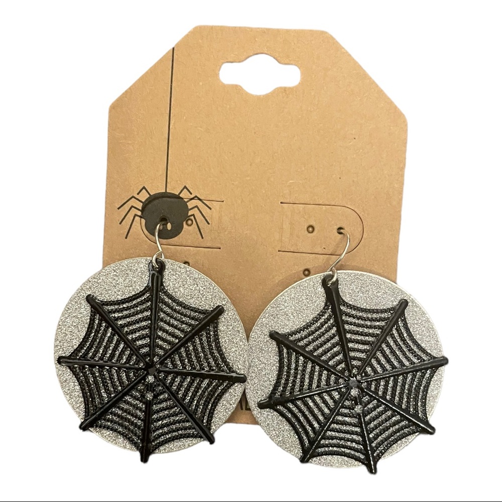 Happy Halloween Glitter Spiderweb Laser Cut Round Dangle Halloween Earrings NWT